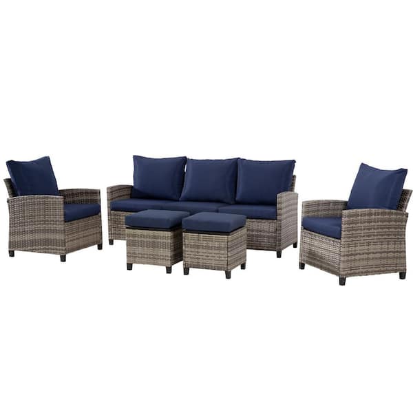 JUSKYS 5-Piece All-Weather Gray Wicker Patio Furniture Conversation Set with Navy Blue Cushions for Garden, Poolside, Balcony
