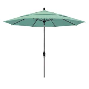 11 ft. Bronze Aluminum Market Patio Umbrella with Fiberglass Ribs Collar Tilt Crank Lift in Spectrum Mist Sunbrella