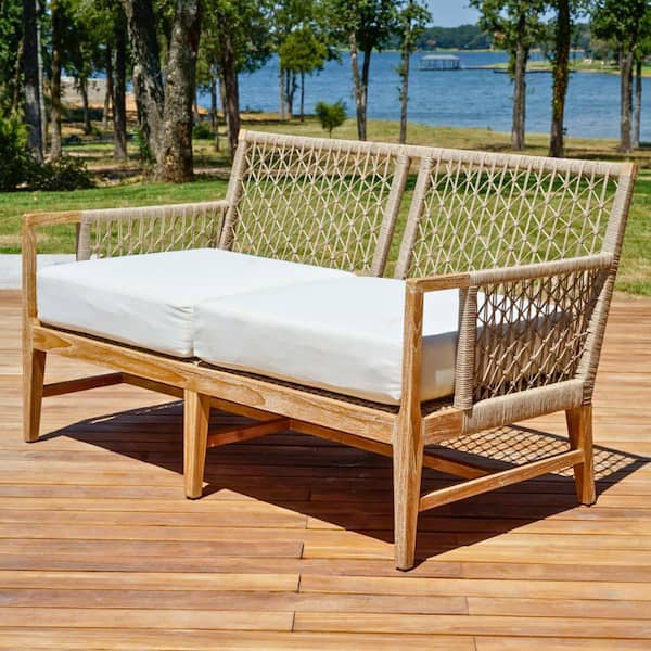 POSH POLLEN Nizuc Teak Outdoor Loveseat Sofa with White Cushions