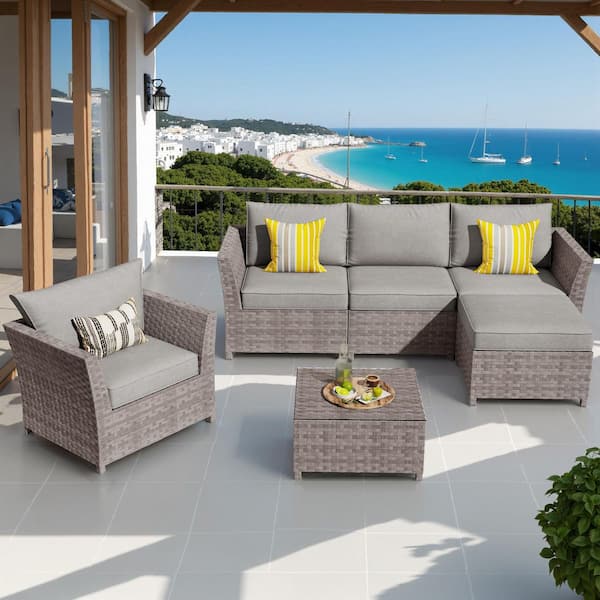 Auris Gray 6-Piece Wicker Outdoor Patio Conversation Seating Set with Dark Gray Cushions and Coffee Table for Backyard