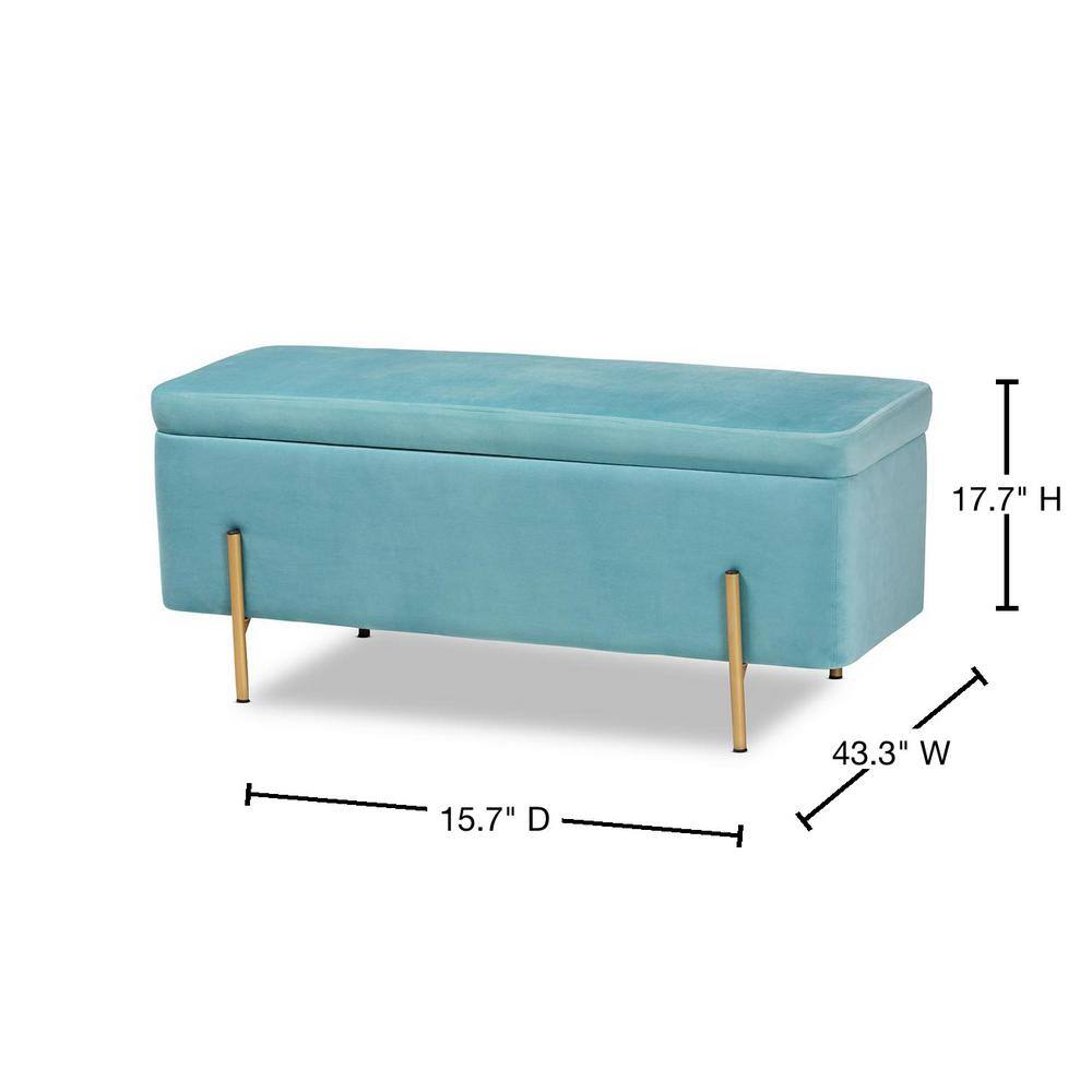 Sky Blue Velvet and Gold Metal Storage Bench