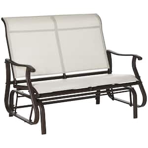 Cream White Metal Outdoor Double Glider Bench with Mesh Seat and Backrest