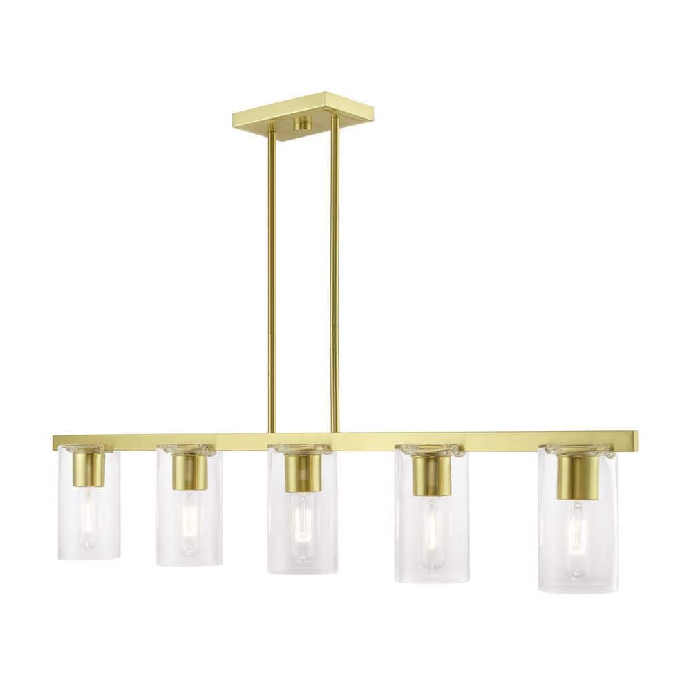 Clarion Sleek Satin Brass 5-Light Linear Chandelier with Clear Glass