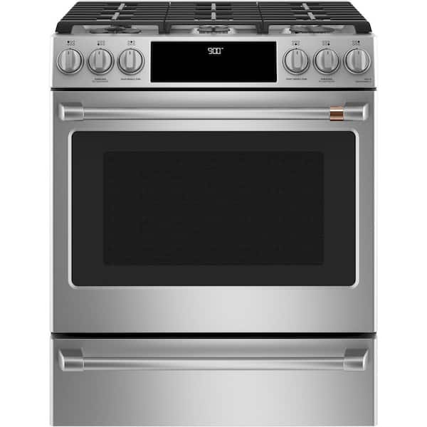 Cafe 30 in. 5.7 cu. ft. Smart Slide-In Dual Fuel Range with Steam-Cleaning Convection Oven in Stainless Steel