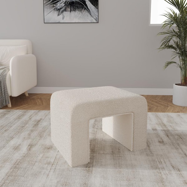 Leisuremod Vint Modern Bench Upholstered in Velvet Boucle With Padded Foam Seat in White