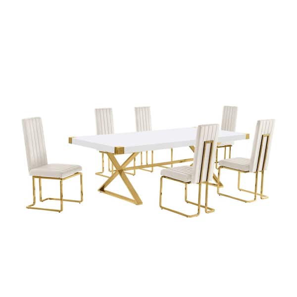 Miguel 7-Piece Rectangle White Wood Top Gold Stainless Steel Dining Set with 6 Cream Velvet Chairs