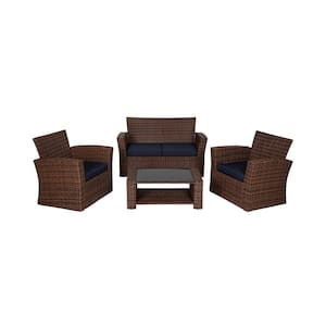 Hudson 4-Piece Brown Wicker Outdoor Patio Loveseat and Armchair Conversation Set w/Navy Blue Cushions and Coffee Table