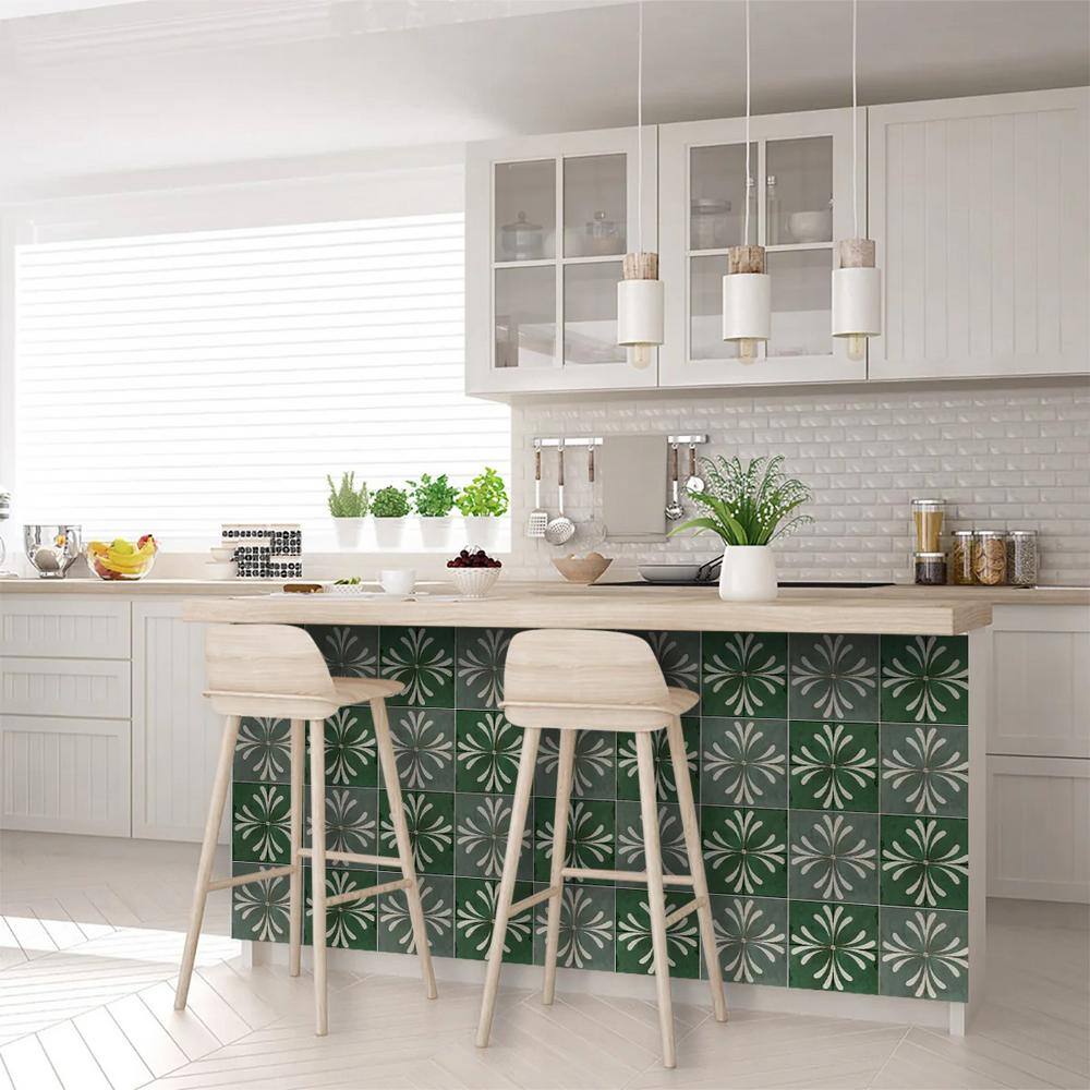 Green and White Vinyl Peel and Stick Backsplash Tiles, 8x8-inch