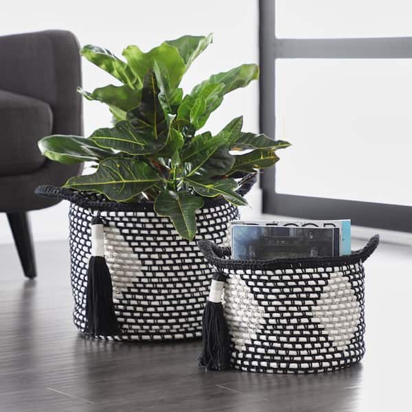 Litton Lane Large Round Black and White Cotton Rope Baskets with Diamond Design and Decorative Tassels (Set of 2)