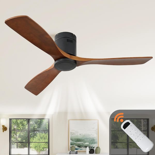 Artisan Series 52 in. Indoor Brown Low Profile 3-Blade Carved Wood Ceiling Fan with Remote Included Flush Mount