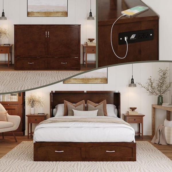 AFI Marion Walnut Brown Wood Frame Queen Murphy Bed Chest with 6 in. Mattress Storage Drawer and Built-in Charger