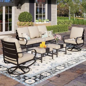 Black 5-Piece Metal Slatted 7-Seat Outdoor Patio Conversation Set with Beige Cushions, 2 Swivel Chairs and 2 Ottomans
