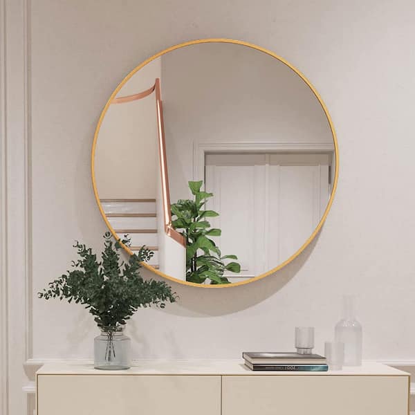 Nestfair 32 in. W x 32 in. H Gold Round Brushed Aluminum Frame Mirror