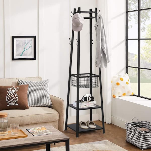 Black Industrial Coat Rack Freestanding, Clothes Stand with Metal Basket and 2-Shelves, Purse Hanger with 8-Dual Hooks