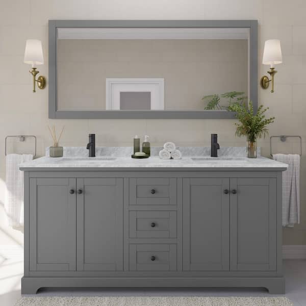 Wyndham Collection Avery 72 in. W x 22 in. D x 35 in. H Double Bath Vanity in Dark Gray with White Carrara Marble Top
