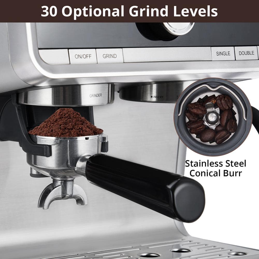 2-Cup Semi-Automatic Espresso Machine in Silver with Built-In Grinder, Milk Frothier, 20 Bar - Thumbnail 4