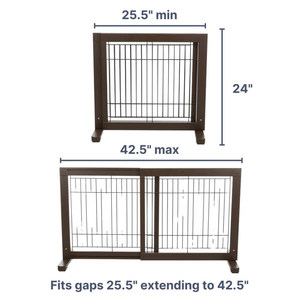 Adjustable Espresso Brown Wooden Freestanding Pet Gate, 24" Tall
