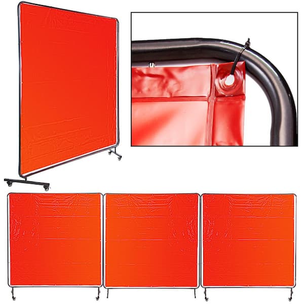 Red VEVOR Welding Curtain 6 x 6 Welding Screens Flame Retardant 3 Panel Welding Curtain with Frame and Wheels Translucent Welding Shield Adjustable Size Flame Resistance Weld Curtain 