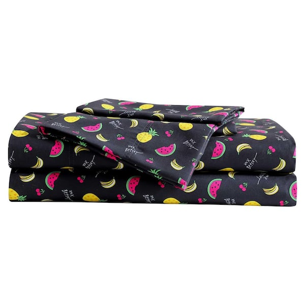 BETSEY JOHNSON Betsey Fruits Toss 4-Piece Black/Yellow/Pink Microfiber Full Sheet Set