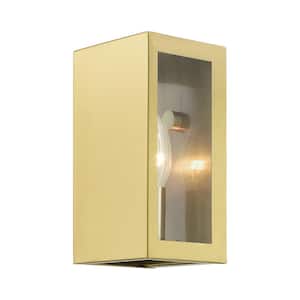 Chamberlain 8.5 in. 1-Light Satin Gold Outdoor Hardwired ADA Wall Lantern Sconce with No Bulbs Included