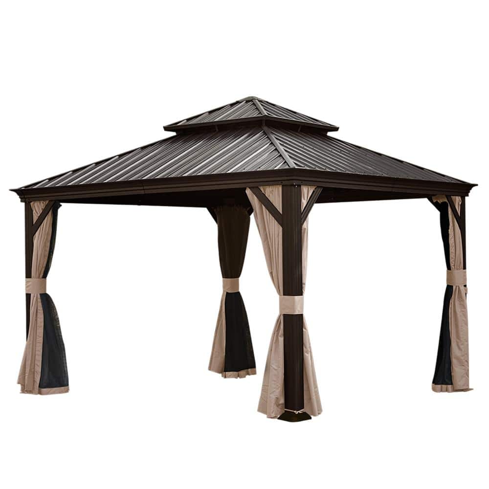 12x12 ft. Hardtop Gazebo, Dual-Layer Steel Roof, Aluminum Frame, Drainage System, Curtains & Netting, All-Weather, Brown price history on PriceWatchPro
