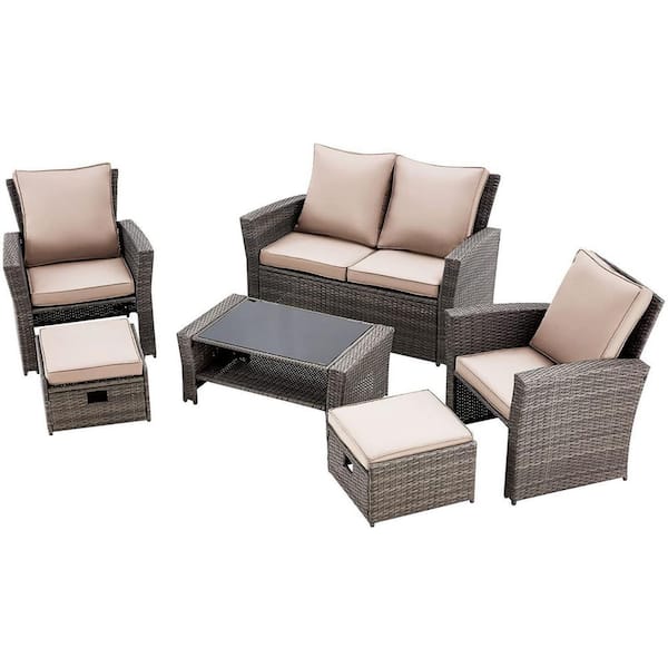 maocao hoom 6-Piece Gray Wicker Patio Conversation Set with Brown Cushions