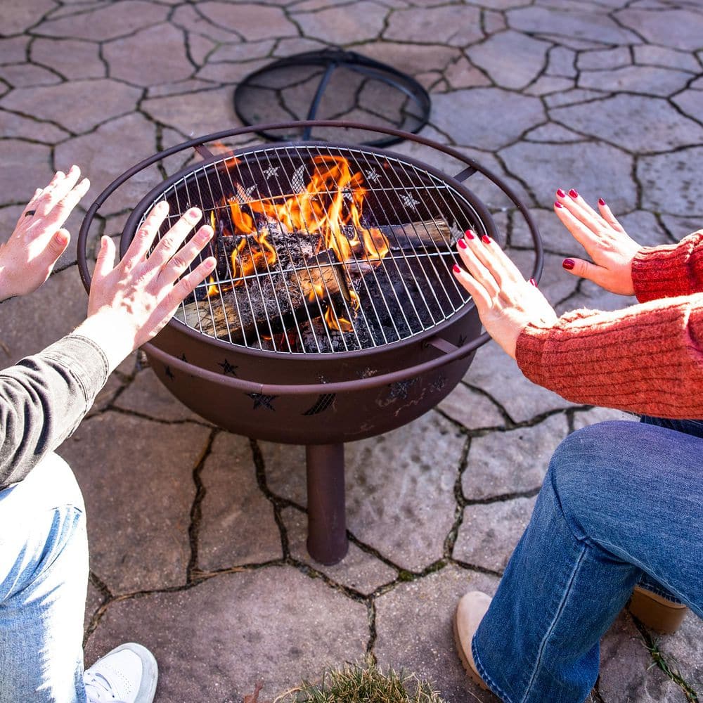 Sunnydaze Cosmic 30 in. x 20 in. Round Bronze Steel Wood Burning Fire Pit with Cooking Grill and Spark Screen NB-MS201