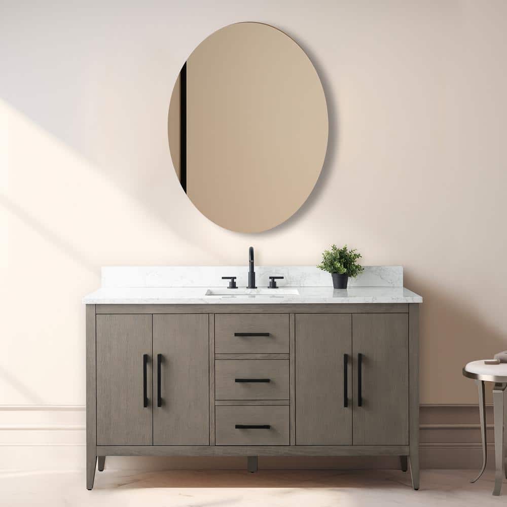 60'' Driftwood Gray MDF Single Sink Freestanding Bathroom Vanity with Engineered Marble Top