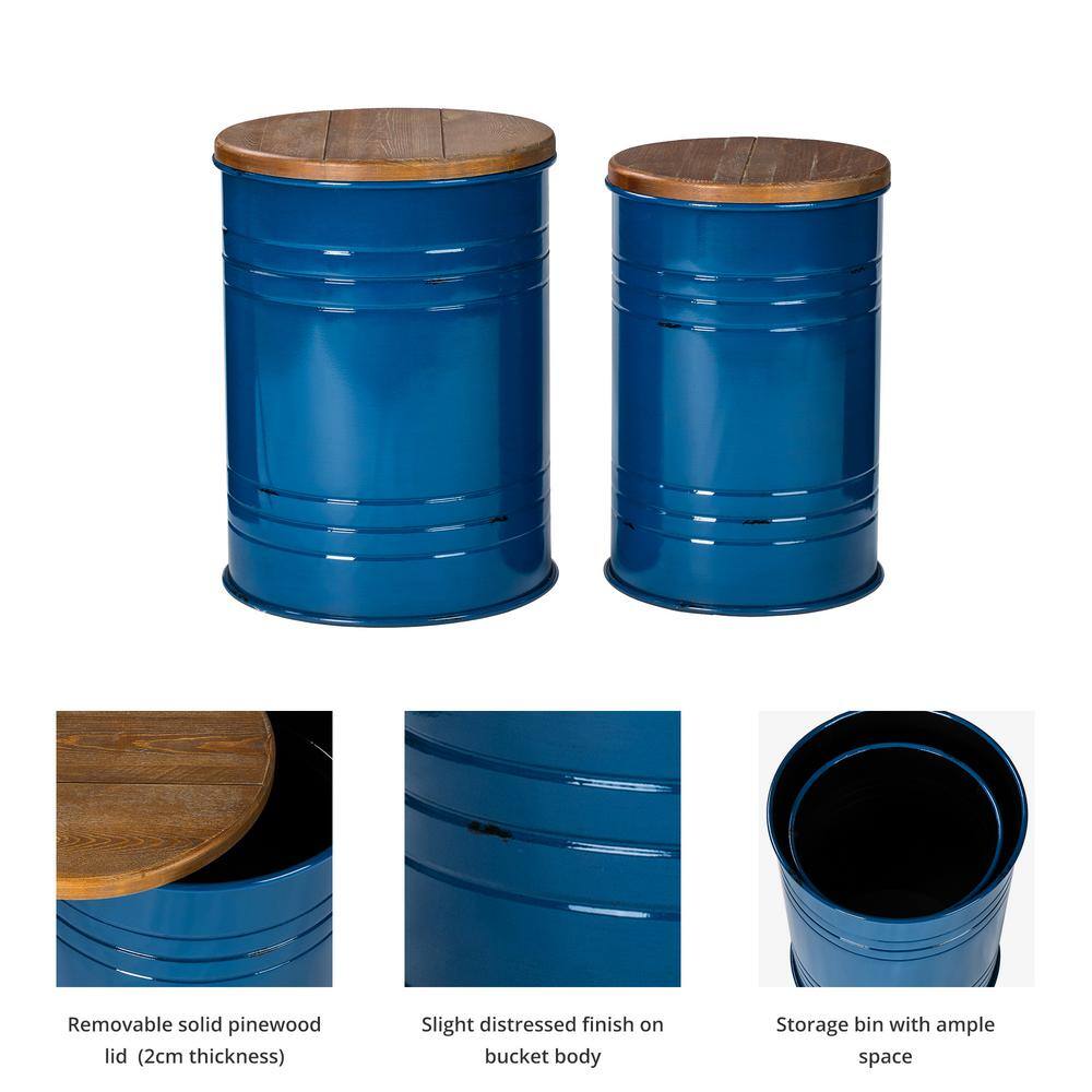 Hunter Green Round Metal & Wood Storage Accent Table Set