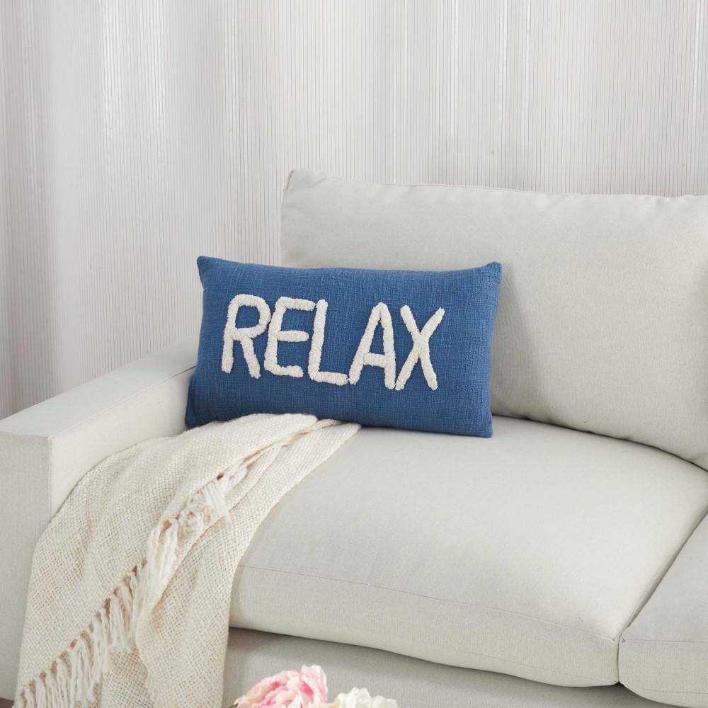 Blue Cotton Tufted 'Relax' Lumbar Throw Pillow