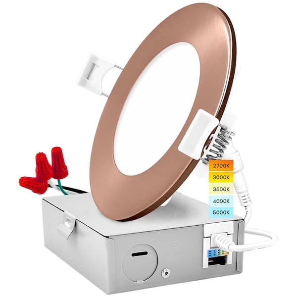 LUXRITE 4 in. Ultra Thin Canless 10W 5 Color Options 750 Lumens Remodel Integrated LED Recessed Light Kit J-Box Copper