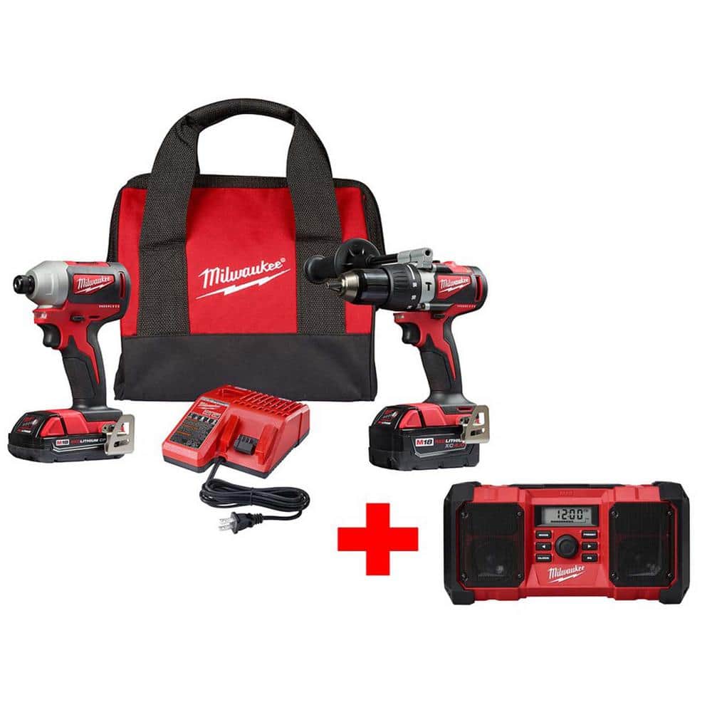 Milwaukee M18 18V Lithium-Ion Brushless Cordless Hammer Drill and Impact Combo Kit with Free M18 Jobsite Radio -  2893-22CX-2890