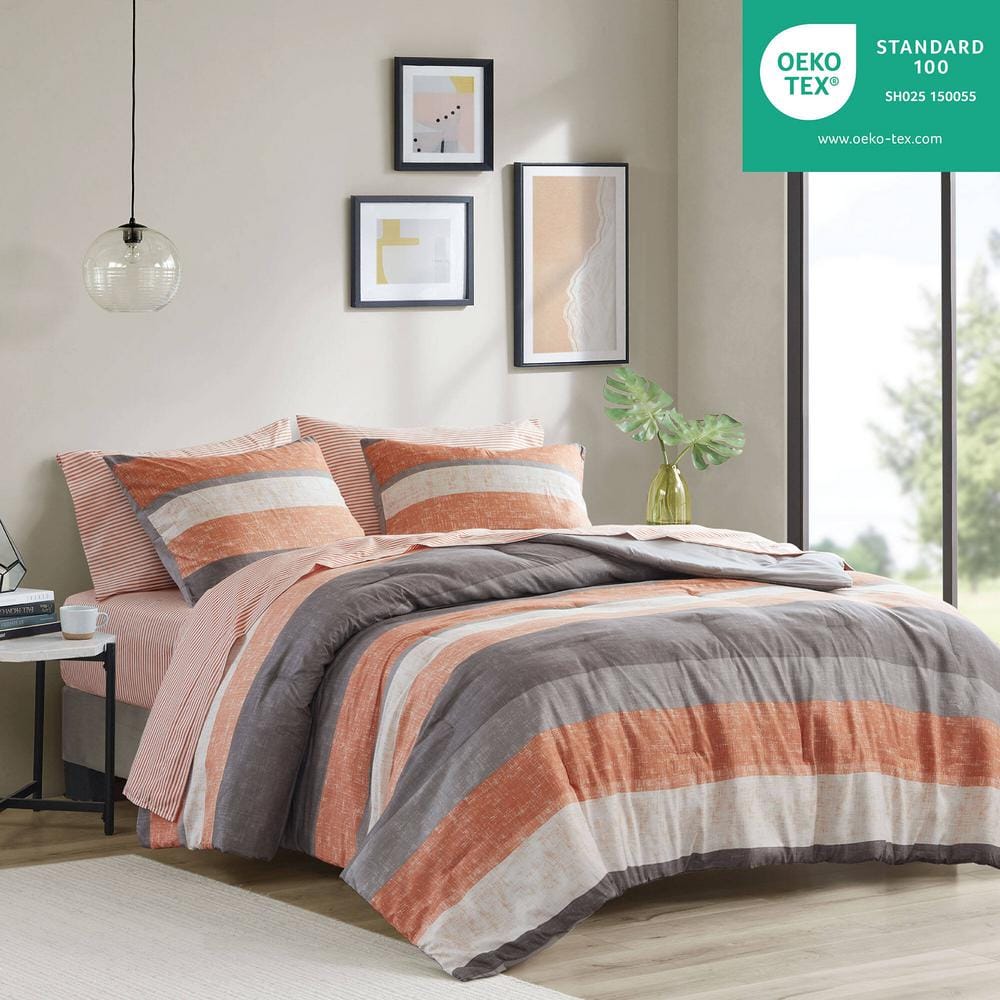 Queen Coral and Grey Microfiber Reversible Bed in a Bag Set