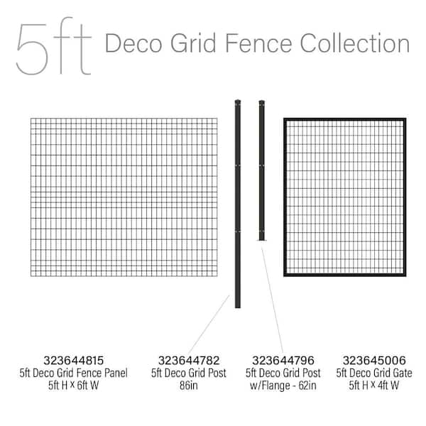 86 in. H Deco Grid Black Steel Fence Post with Cap, and Clips
