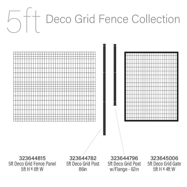 Standard-Duty 86 in. x 60 in. H Deco Grid Black Steel In-Ground Post with Cap (6-Pack)