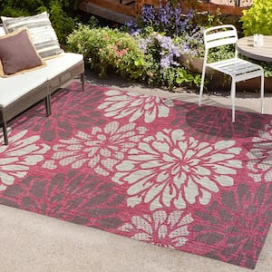 Zinnia Modern Floral Textured Weave Fuchsia/Light Gray 3 ft. x 5 ft. Indoor/Outdoor Area Rug