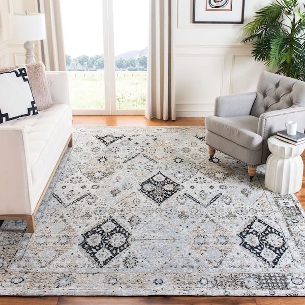 Classic Vintage 8 ft. x 10 ft. Ivory/Silver Distressed Diamond Border Area Rug
