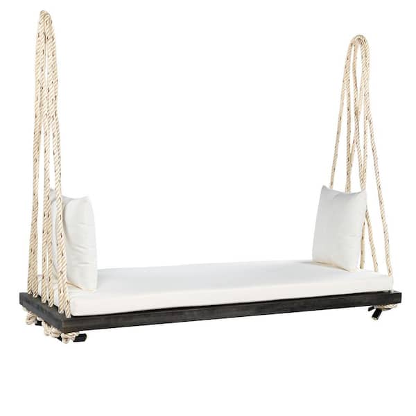 Avex 63 in. 2-Person Brown Wood Patio Swing Outdoor Hanging Porch Swing Bench with White Cushions