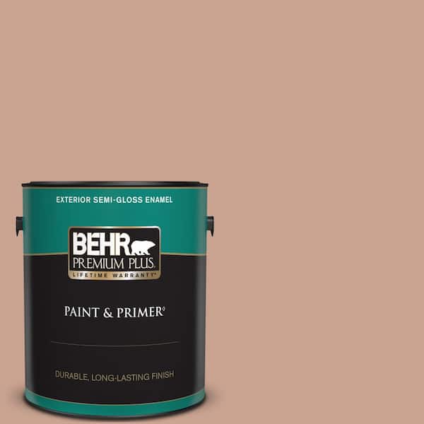BEHR PREMIUM PLUS 1 gal. #220F-4 Sombrero Tan Semi-Gloss Enamel Exterior Paint & Primer
