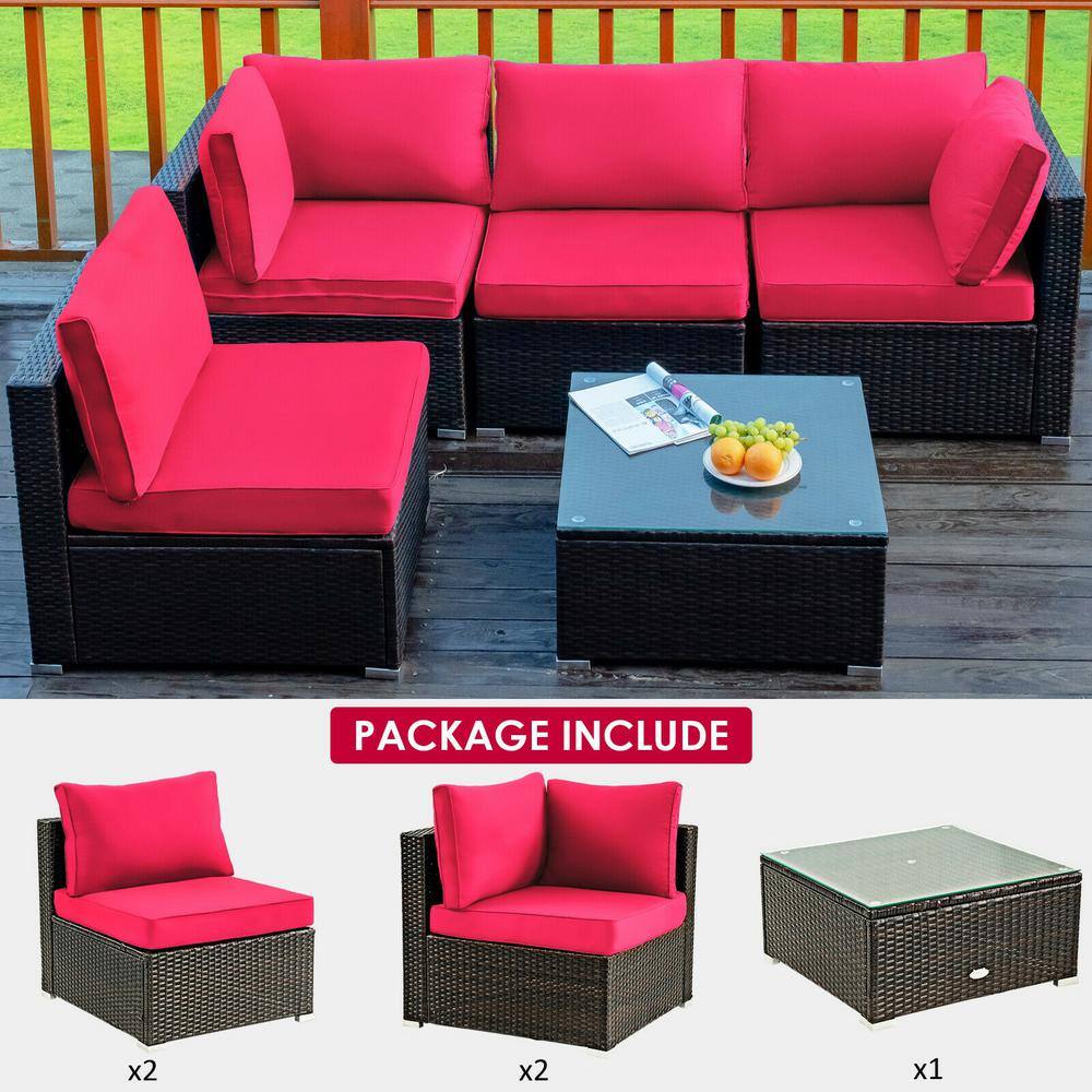 5-Piece Red Cushioned Rattan Patio Furniture Set with Ottoman