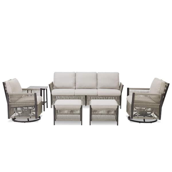 6-Pieces Wicker Outdoor Patio Conversation Set, Including Sofa, Swivel Chairs, Footstools,Side Table with Beige Cushions