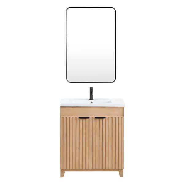 Palos 29.9 in.W x 18.1 in.D x 34.8 in.H Single Sink Bath Vanity in Fir Brown with White Ceramic Basin Top and Mirror