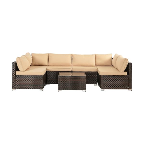 Unbranded 7-Piece brown Wicker Outdoor Patio Sectional Sofa Conversation Set with brown Cushions and 1 Coffee table