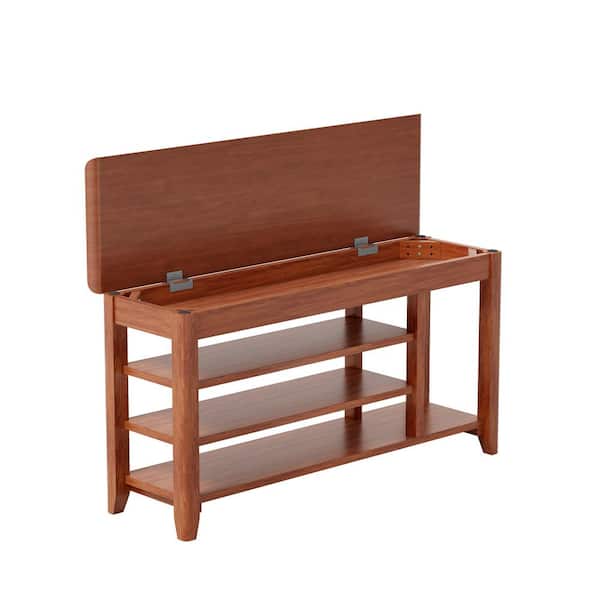 Burke 20.5 in. H x 31.7 in. W Walnut Solid Wood Shoe Storage Bench with Flip Top and Adjustable Shelves