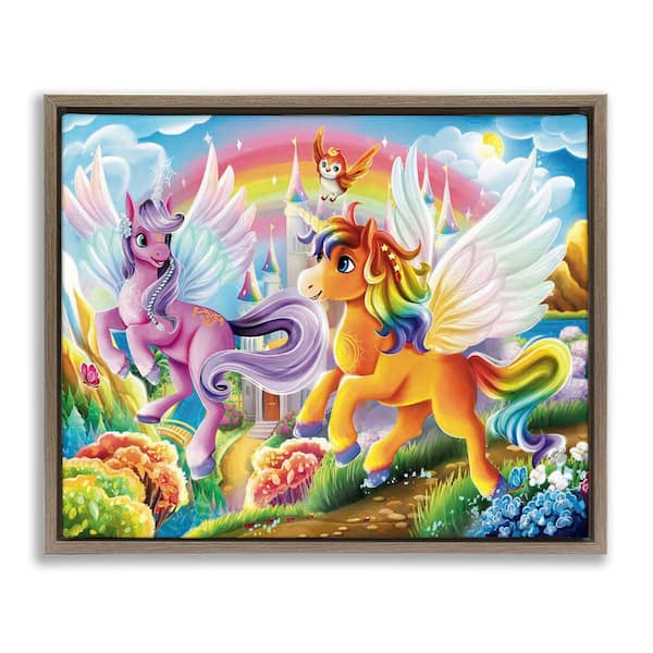 Stupell Industries Fluttering Unicorns and Rainbow by Image World Brown Floater Frame Fantasy Graphic Art Print 17 in. x 21 in.