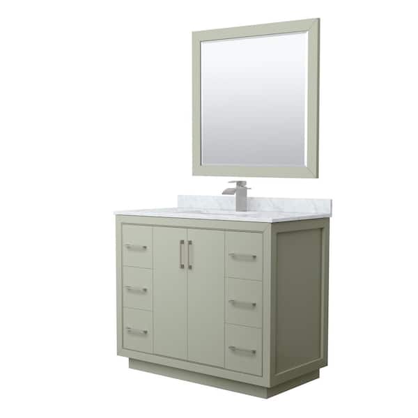 Wyndham Collection Icon 42 in. W x 22 in. D x 35 in. H Single Bath Vanity in Light Green with White Carrara Marble Top and 34" Mirror