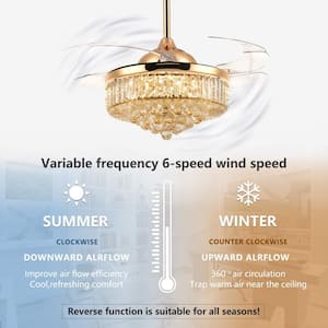 52 in. Indoor Gold Smart Retractable Crystal Ceiling Fan with Adjustable LED Light Included with Remote and App Control