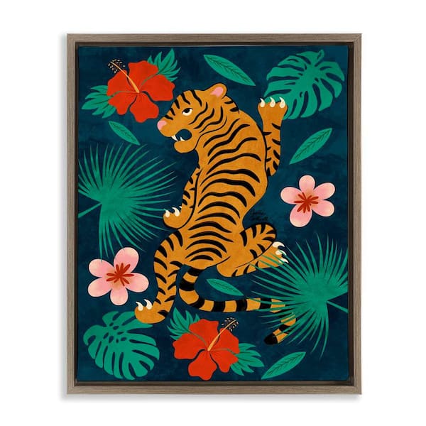 Stupell Industries Climbing Tiger Tropics by Carrie Cantwell Brown Floater Frame Animal Graphic Art Print 21 in. x 17 in.