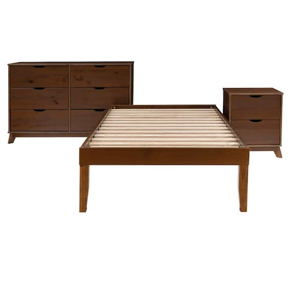 Linon Home Decor Pheba 3-Piece Walnut Brown Wood Frame Platform Twin Bed, 6-Drawer Dresser with 1 (2-Drawer) Nightstand Bedroom Set