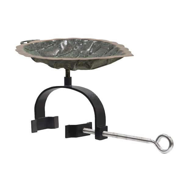 15 in. L Round Antique Brass Plated Aspen Leaf Birdbath w/ Wrought Iron Over Rail Bracket, Gray